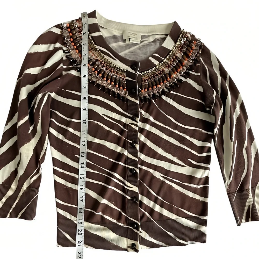Kate Spade New York W’s Brown Zebra Print Cardigan Sweater S Beaded Embellished